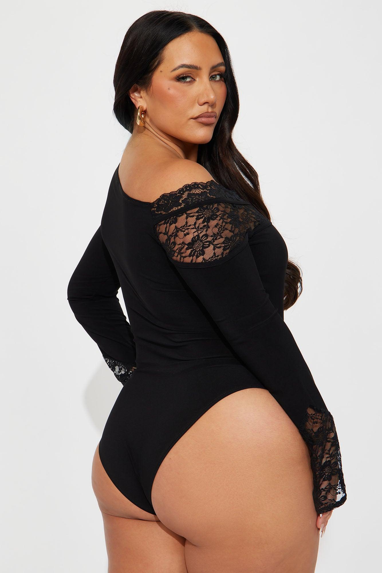 Tatiana Off Shoulder Lace Trim Bodysuit - Black Product Image