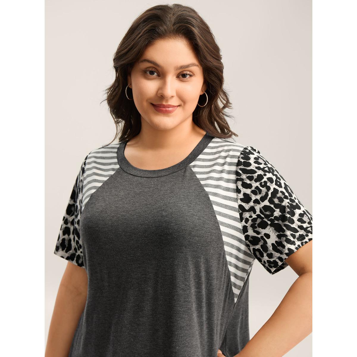 Plus Size Leopard Stripes Raglan Sleeve T-Shirt DimGray Women Contrast Round Neck Everyday-Casual T-shirts BloomChic 30/6X Product Image