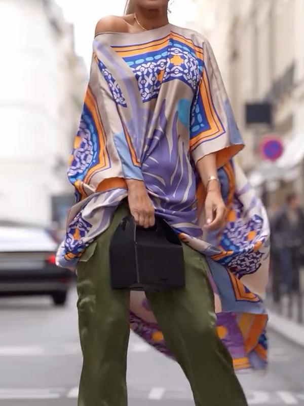 Batwing Sleeves Half Sleeves Contrast Color Printed One-shoulder Blouses&shirts Tops Product Image