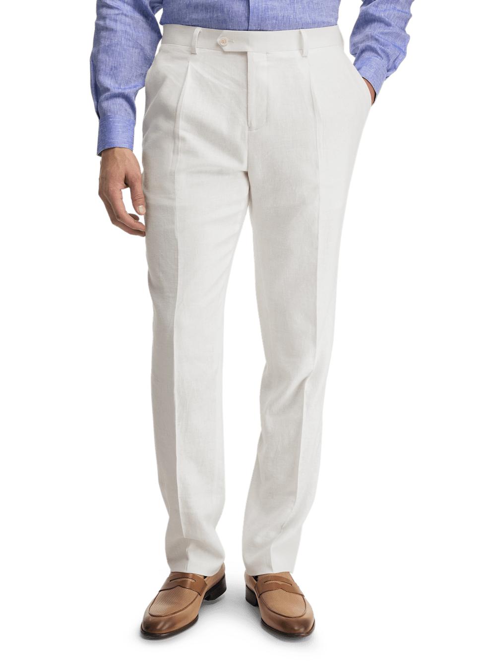 Linen Blend Single Pleat Suit Pants - White Product Image