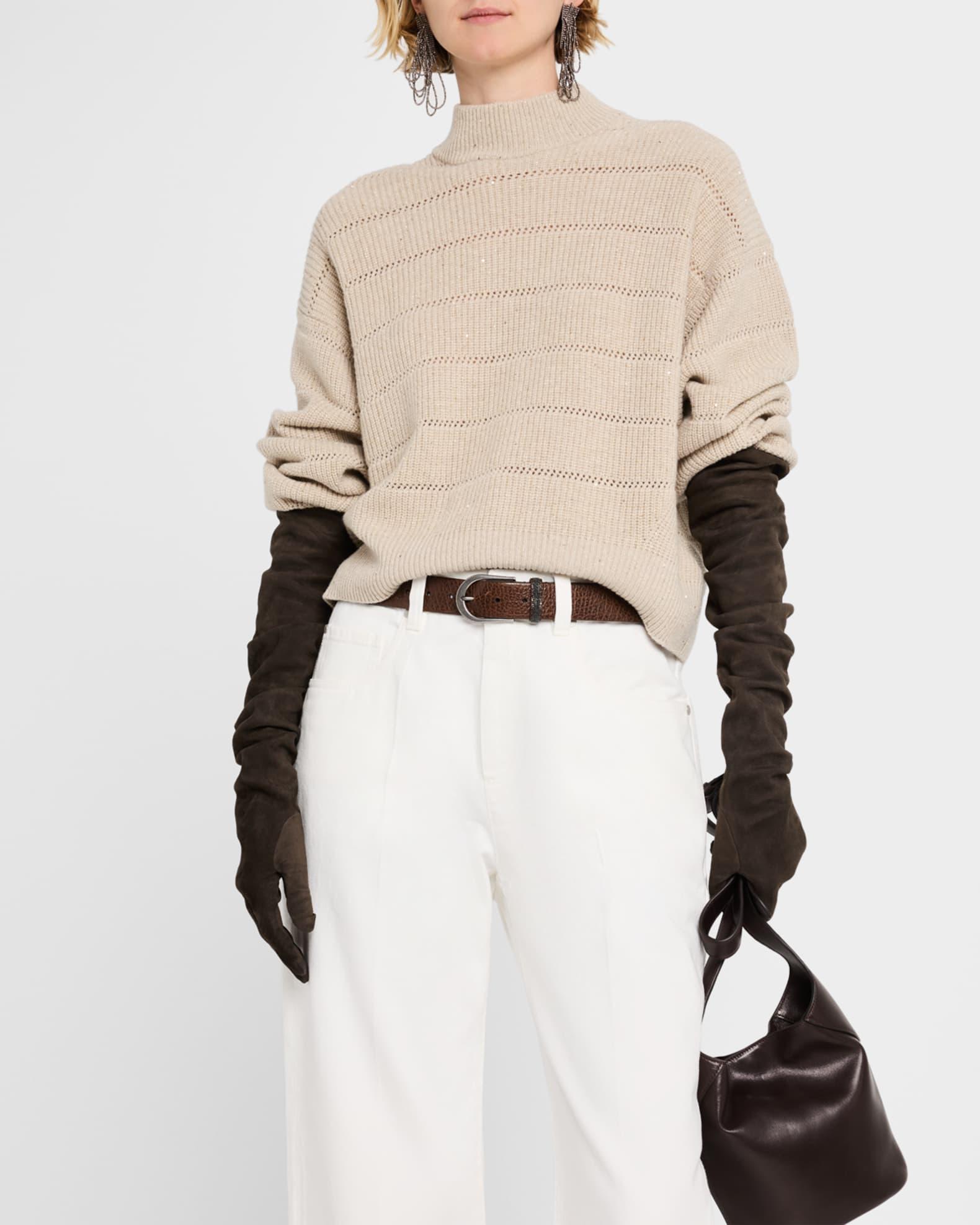 Mock-Neck Paillette Horizontal Open-Knit Sweater Product Image
