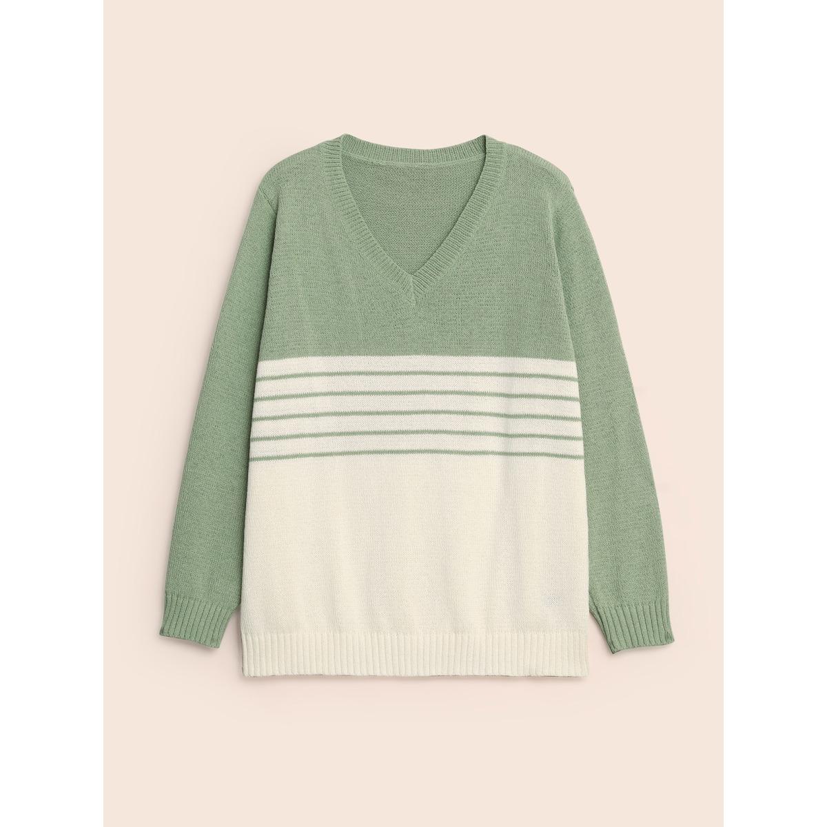 Plus Size V Neck Striped Patchwork Pullover LightGreen Women Casual Long Sleeve V-neck Everyday Pullovers BloomChic 14-16/1X Product Image