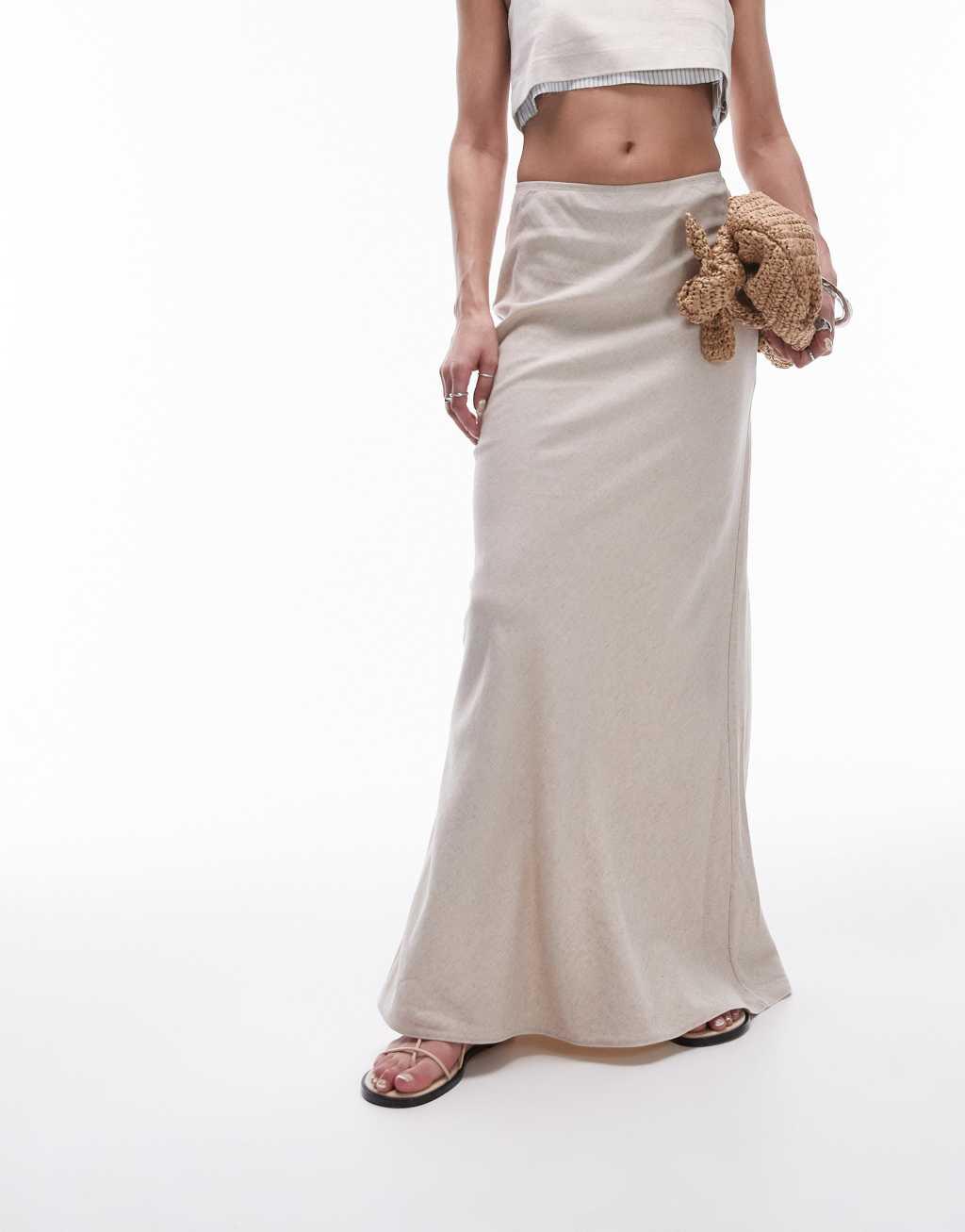 Topshop linen mix bias midi skirt in natural Product Image