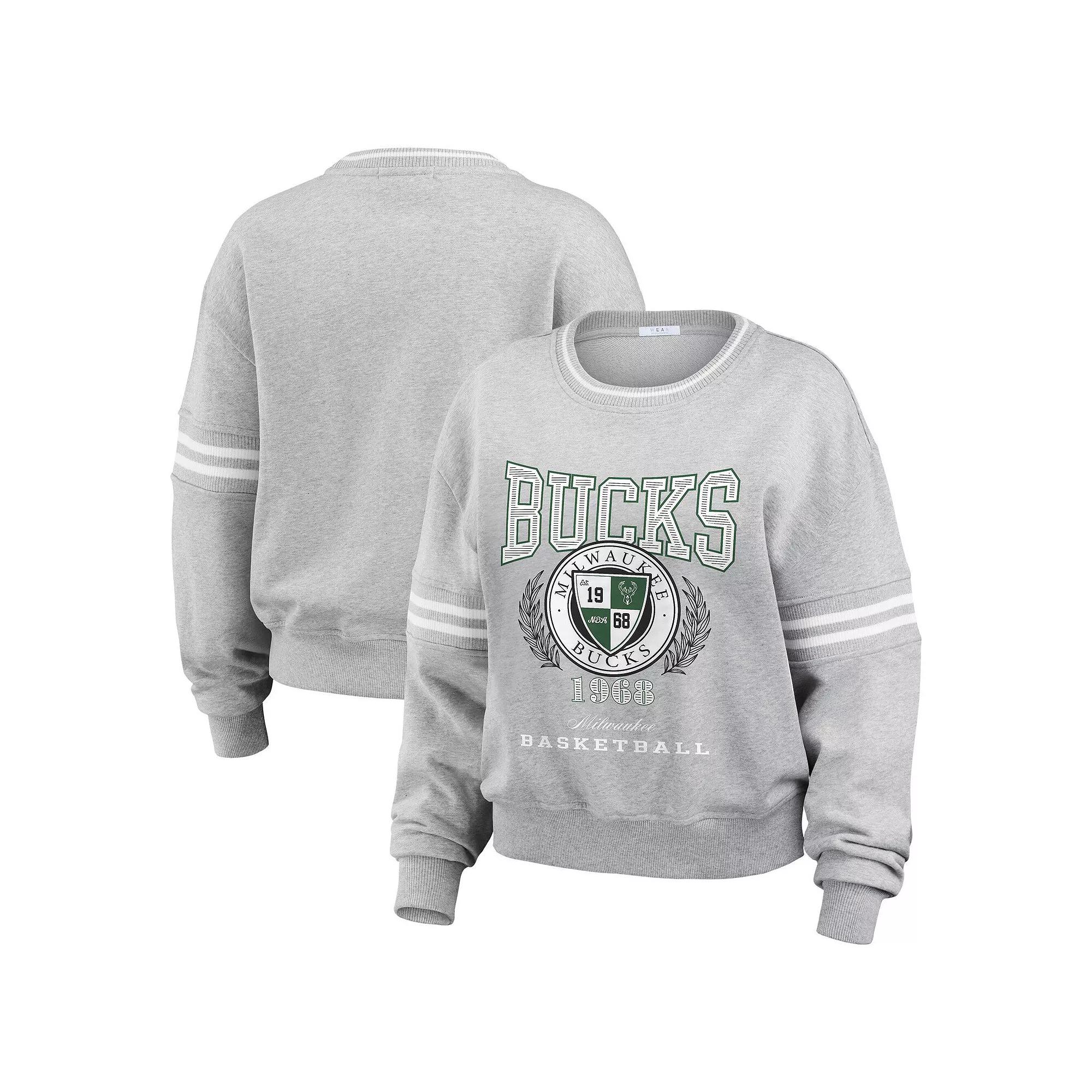 Women's WEAR by Erin Andrews Heather Gray Milwaukee Bucks French Terry Pullover Sweatshirt,  Product Image