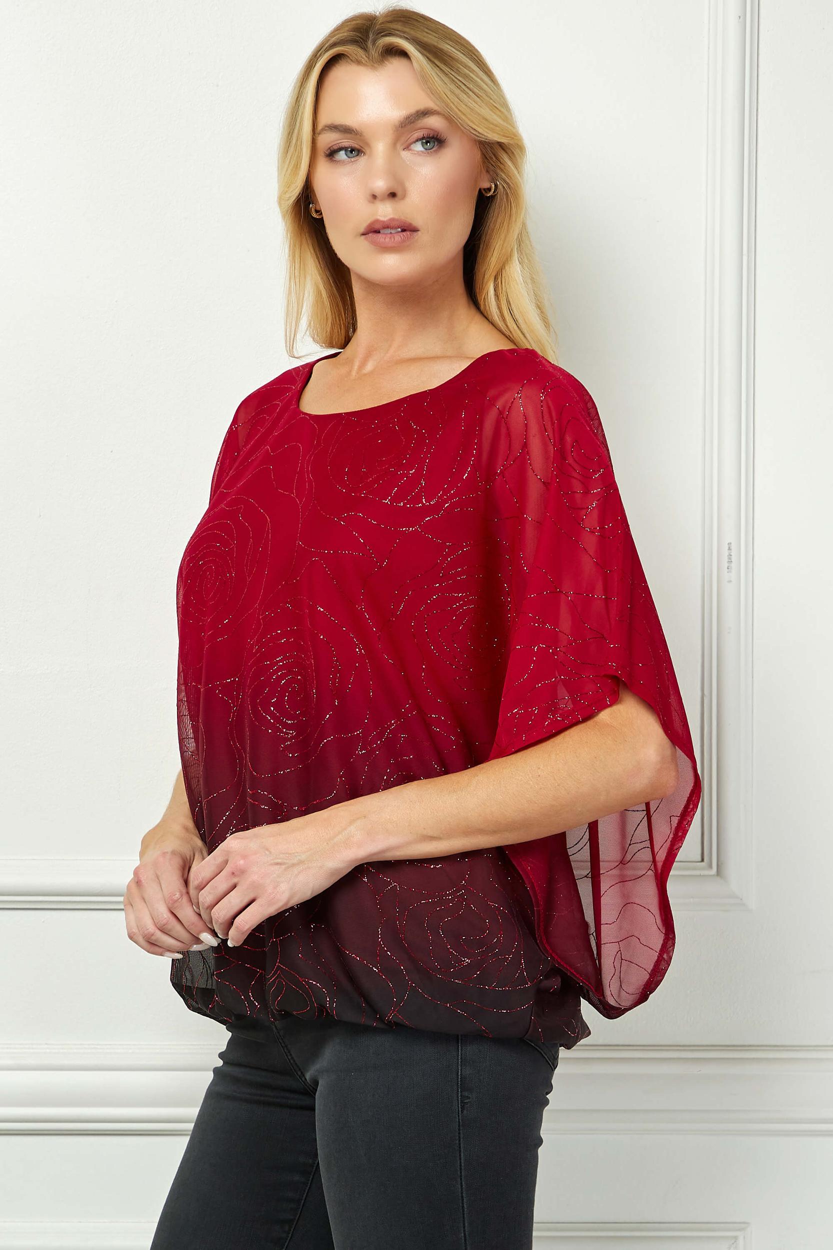 Elbow Sleeve Poncho Cutout Knot Back Bubble Blouse in Red Product Image