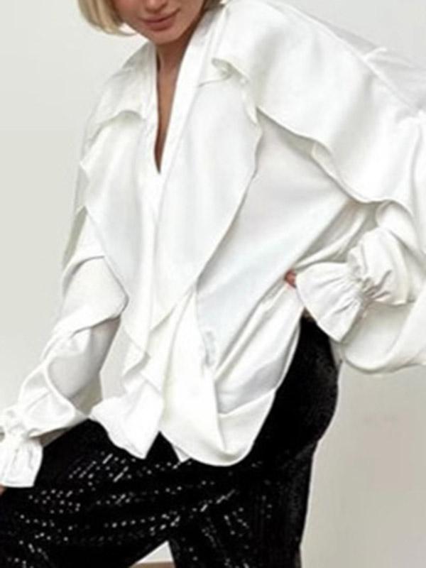 Loose Puff Sleeves Solid Color Split-Joint Tiered V-Neck Blouses&Shirts Tops Product Image