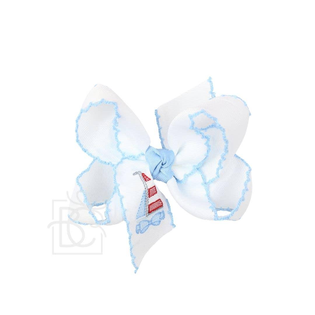 EMBROIDERED SAILBOAT CROCHET EDGE BOW: White w/ Light Pink Crochet Edge / 4.5" Large Product Image