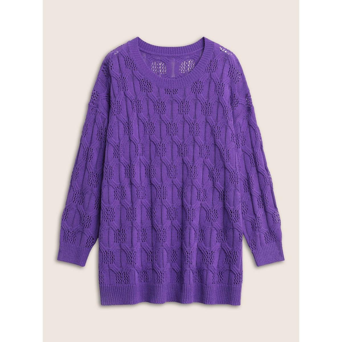 Plus Size Plain Drop Shoulder Geometric Hollow Out Pullover Purple Women Casual Long Sleeve Round Neck Everyday Pullovers BloomChic 22-24/3X Product Image