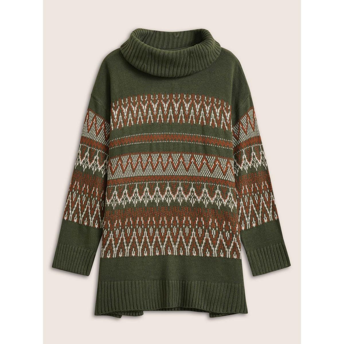 Plus Size Geo Pattern Split Side Turtle Neck Jacquard Pullover ArmyGreen Women Casual Loose Long Sleeve Turtleneck Dailywear Pullovers BloomChic 18-20/2X Product Image