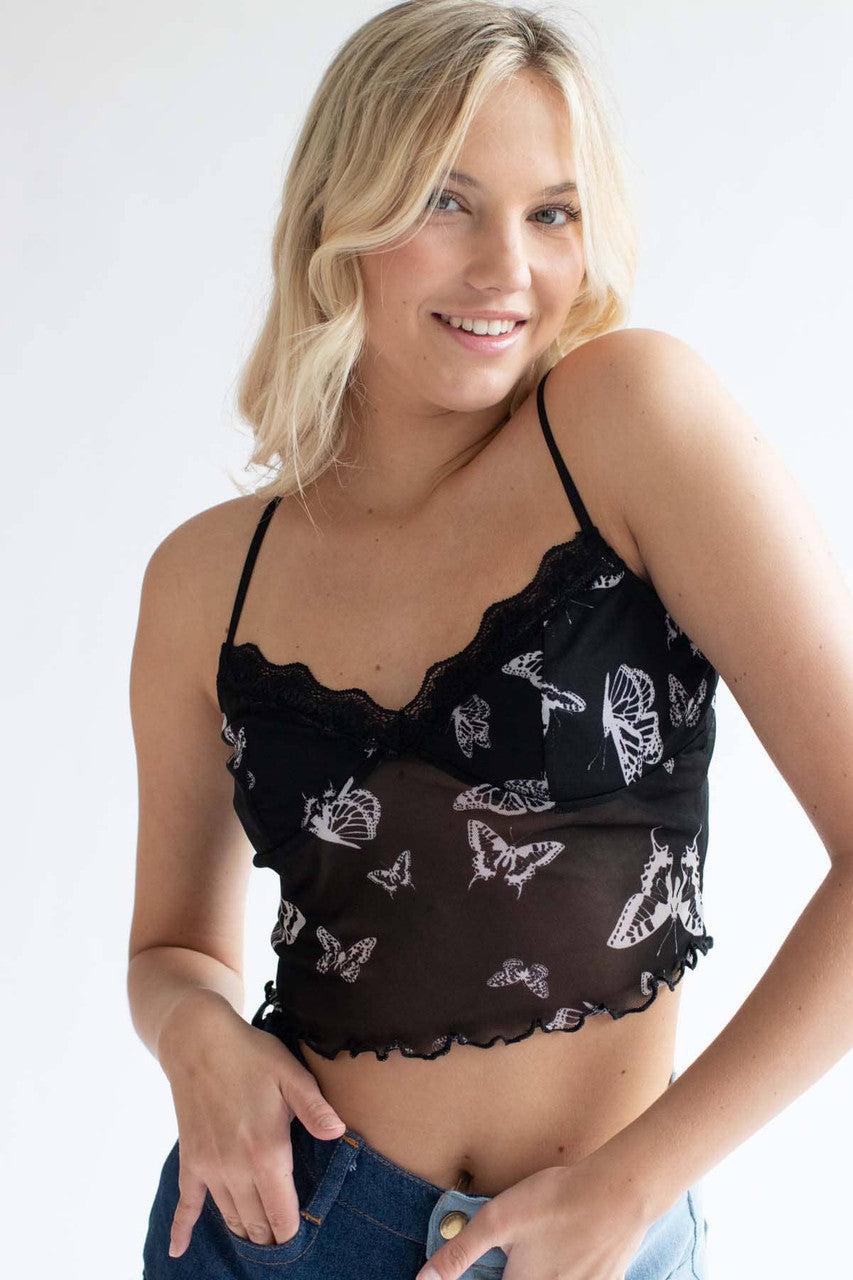 Black Butterfly Lace Trimmed Mesh Cami Product Image
