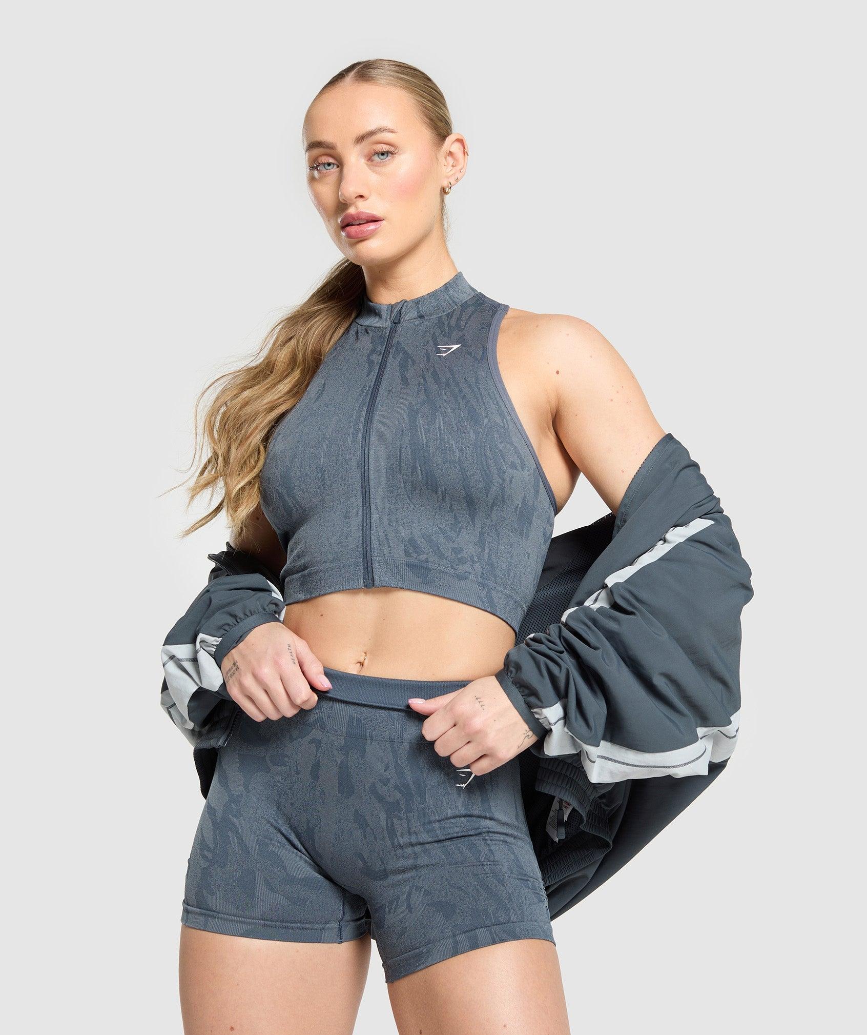 Gymshark Adapt Camo Seamless Zip Up Crop Top - Titanium Blue/Denim Grey Female Product Image