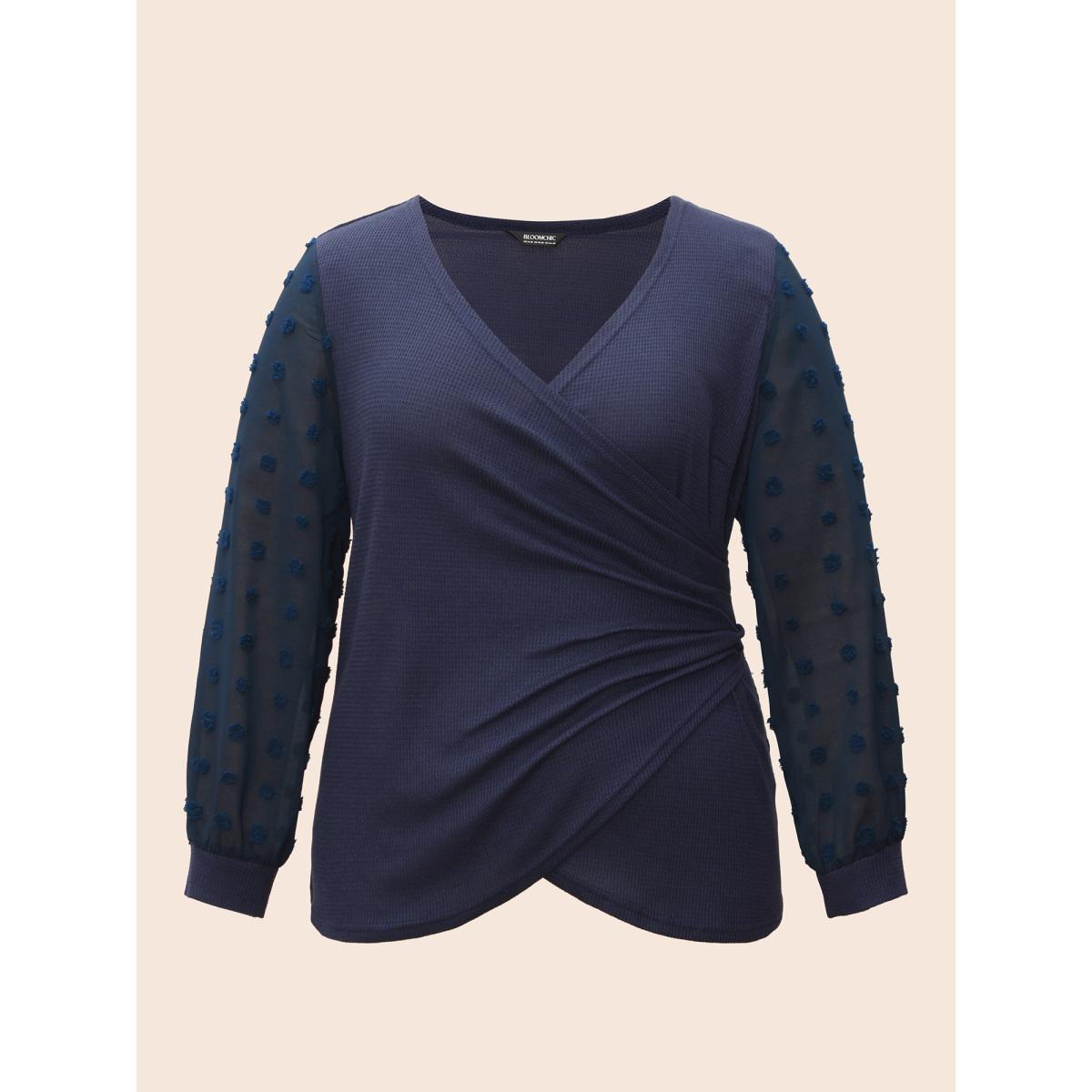 Plus Size Waffle Knit Patchwork Mesh Overlapping T-shirt Indigo Women Elegant Overlapping V-neck Bodycon Everyday T-shirts BloomChic 18-20/2X Product Image
