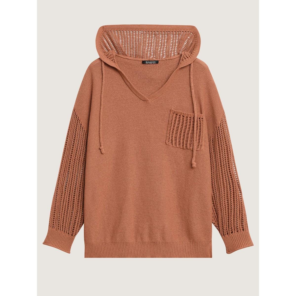 Plus Size Hooded Drawstring Cut Out Pocket Pullover Yellowishbrown Women Leisure Three Quarter Length Sleeve V-neck Casual Pullovers BloomChic 26/4X Product Image