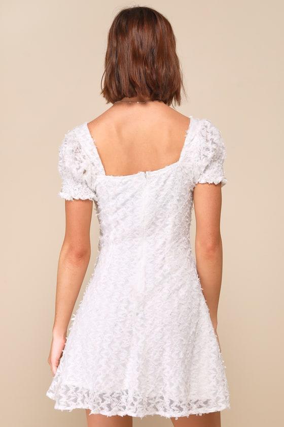 Sent to Charm White Textured Ribbon Puff Sleeve Mini Dress Product Image