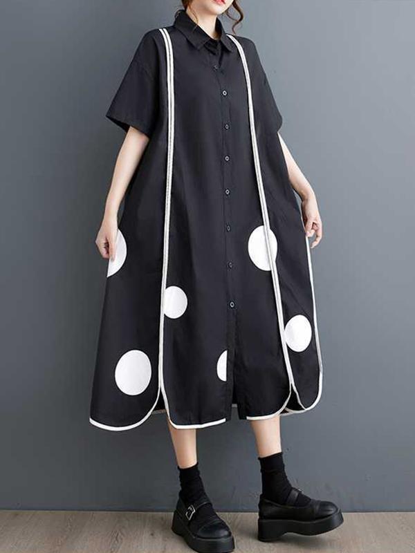 A-Line Half Sleeves Buttoned Pockets Polka-Dot Split-Front Split-Joint Lapel Midi Dresses Shirt Dress Product Image