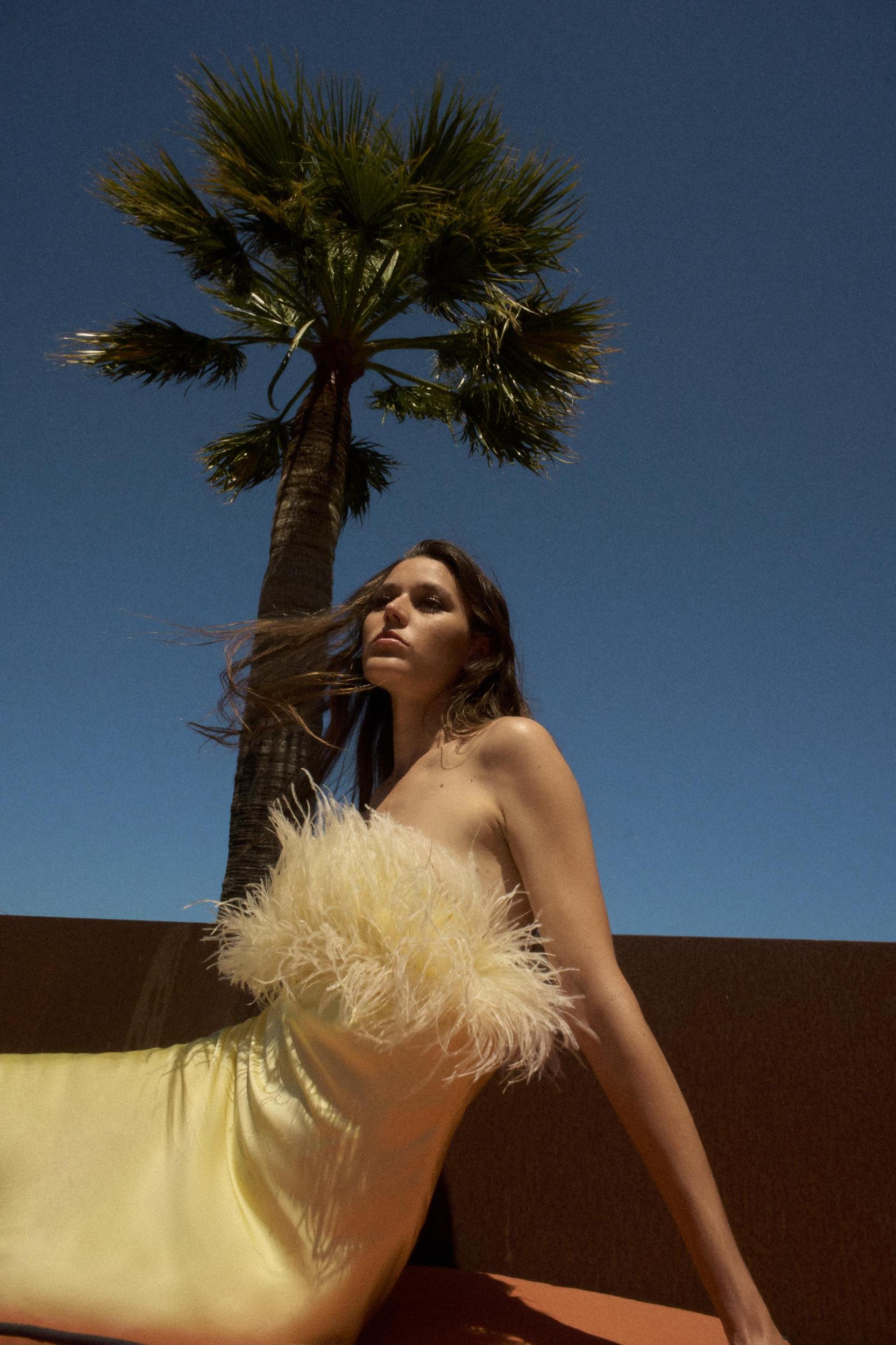 FEATHERED SATIN MIDI DRESS Product Image