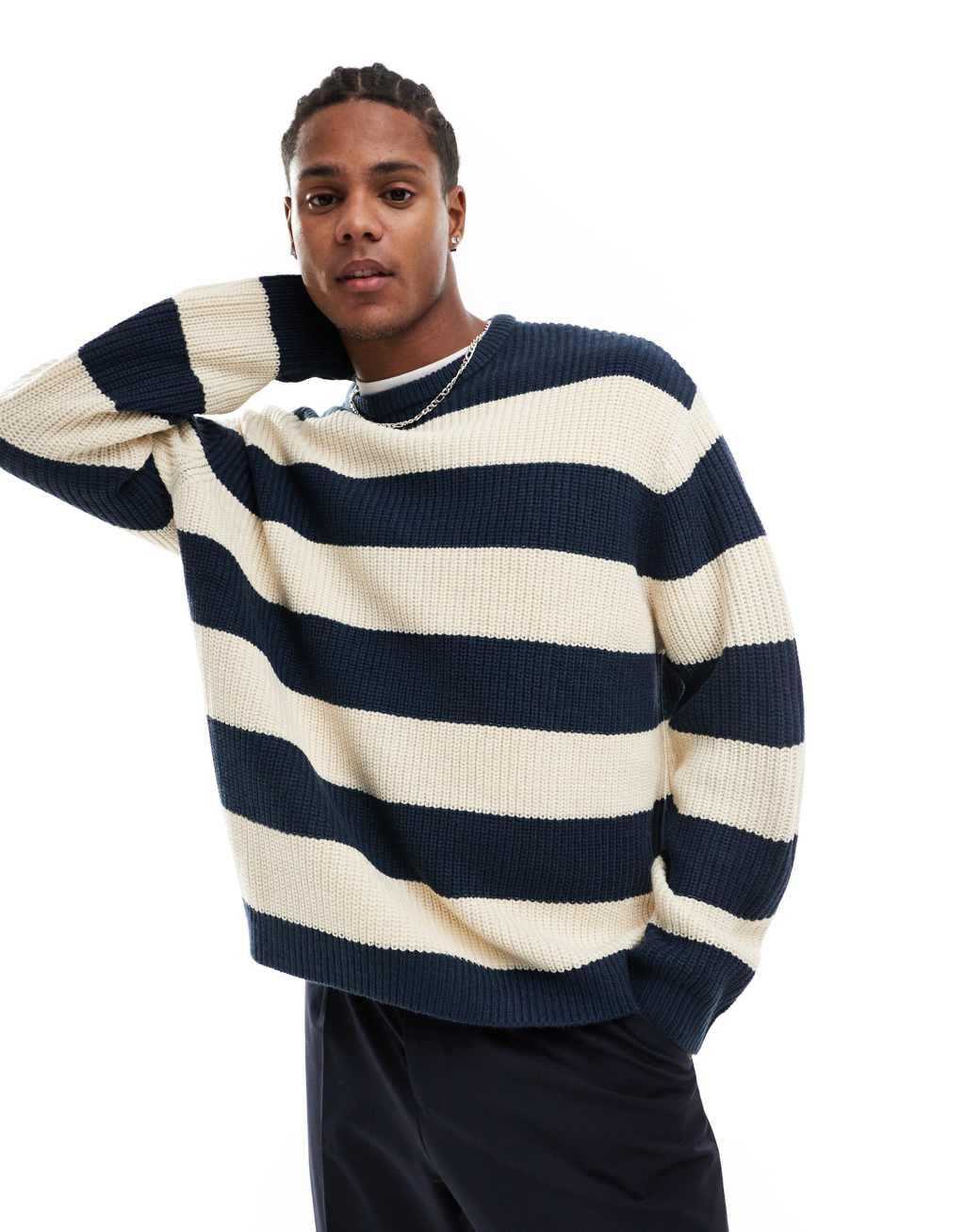 ASOS DESIGN oversized knit sweater in navy stripe Product Image