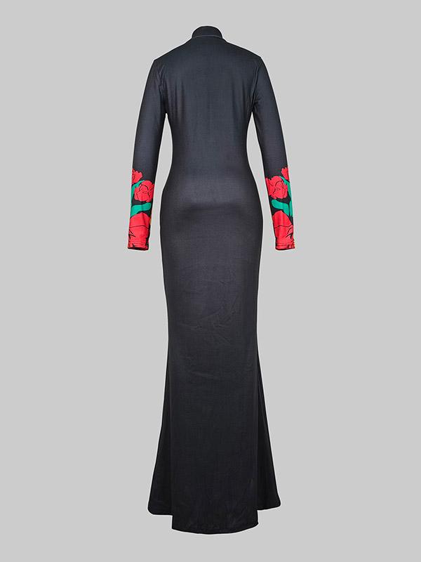 Skinny Flower Print Multi-Colored High Neck Maxi Dresses Product Image