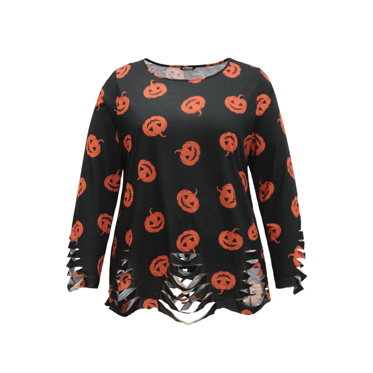 Plus Size Halloween Pumpkin Print Distressed T-shirt Black Women Casual Printed Graphic-Halloween Round Neck Festival-Halloween T-shirts BloomChic 26/4X Product Image