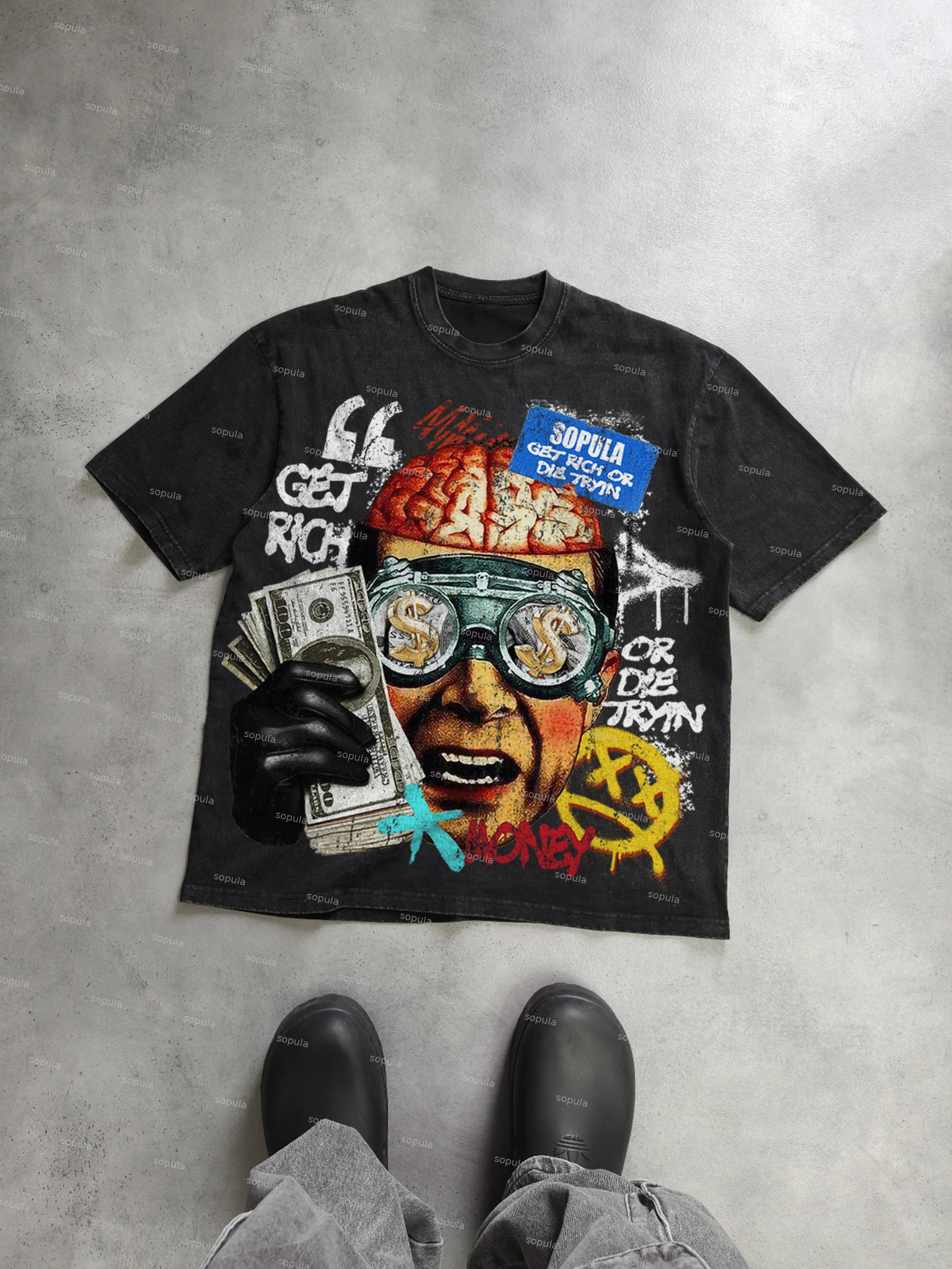 Get Rich Money Portrait Print Acid Wash T-shirt Product Image