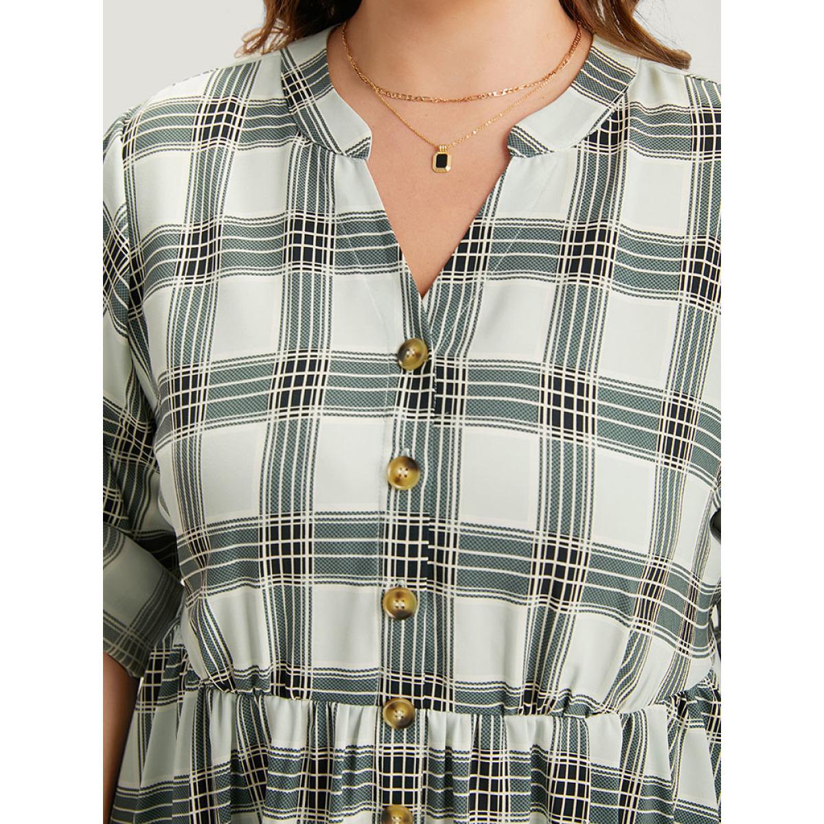 Plus Size SlateGray Plaid Notched Button Through Tab Sleeve Blouse Women Office Long Sleeve Shirt collar Work Blouses BloomChic 18-20/2X Product Image