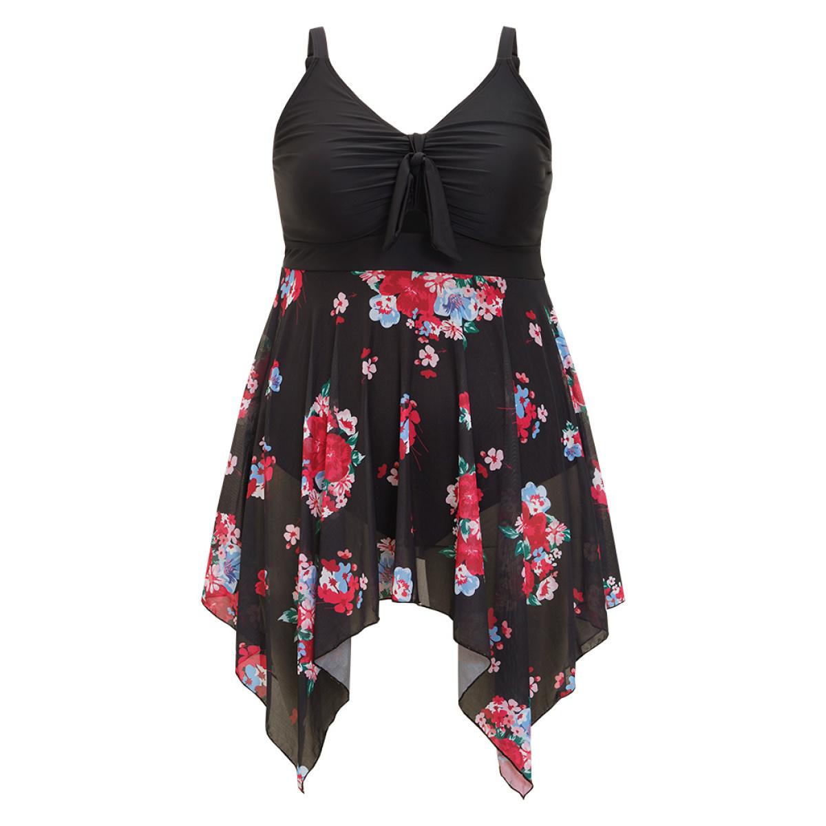 Plus Size Floral Cut Out Drawstring Hanky Hem Knotted Swim Dress Women's Swimwear BlackFlower Vacation Bodycon V-neck High stretch Curve Swim Dresses BloomChic 10/M Product Image