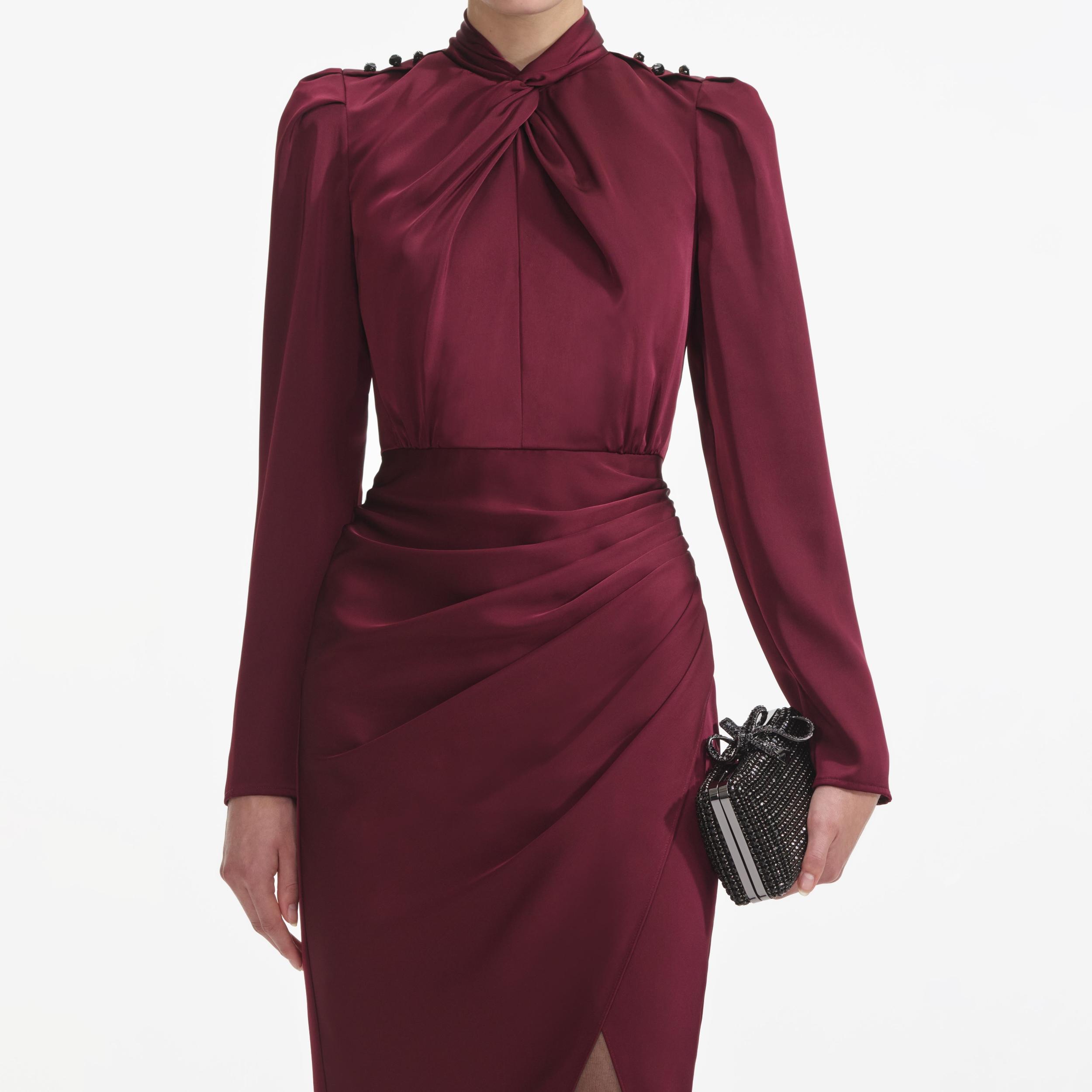 Burgundy Satin Midi Dress Product Image
