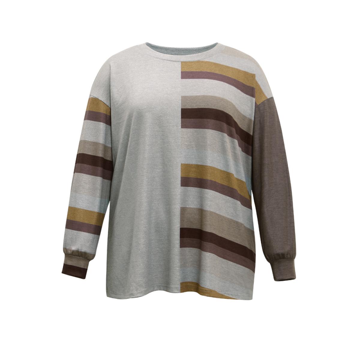 Plus Size Striped Patchwork Contrast Crew Neck Sweatshirt Women DimGray Casual Elastic cuffs Round Neck Dailywear Sweatshirts BloomChic 12/L Product Image