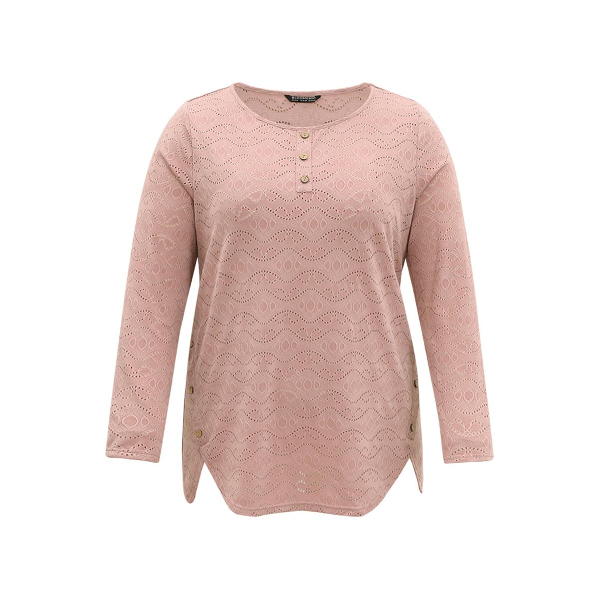Plus Size Broderie Anglaise Button Detail Arc Hem T-shirt DustyPink Women Casual Texture Plain Round Neck Dailywear T-shirts BloomChic 14-16/1X Product Image