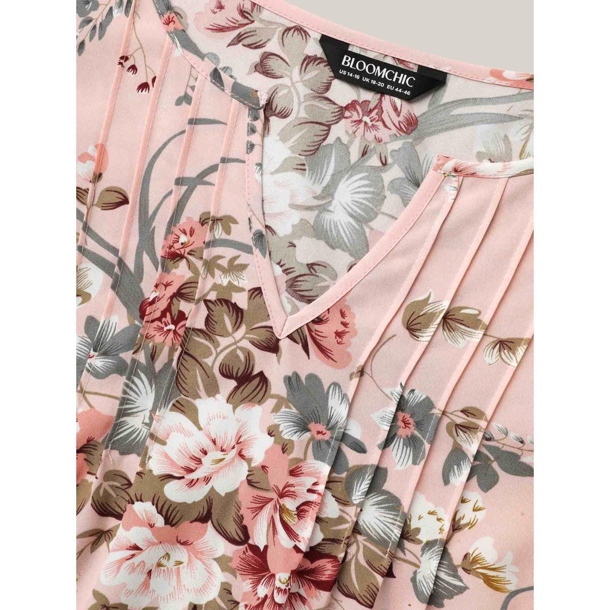 Plus Size Nudepink Spring Pattern Neck Cut-Out Pleated Shirt Women Timeless Short sleeve Notched collar Elegant Blouses BloomChic 22-24/3X Product Image