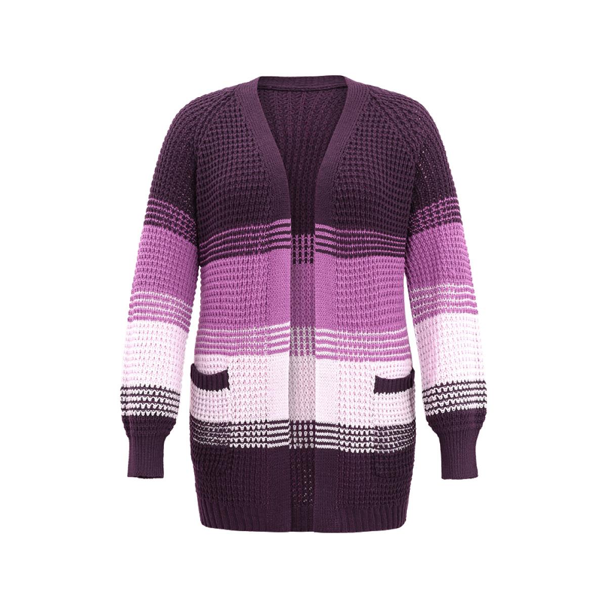 Plus Size Colorblock Contrast Pocket Raglan Sleeve Cardigan Eggplant Women Casual Loose Long Sleeve Dailywear Cardigans BloomChic 22-24/3X Product Image