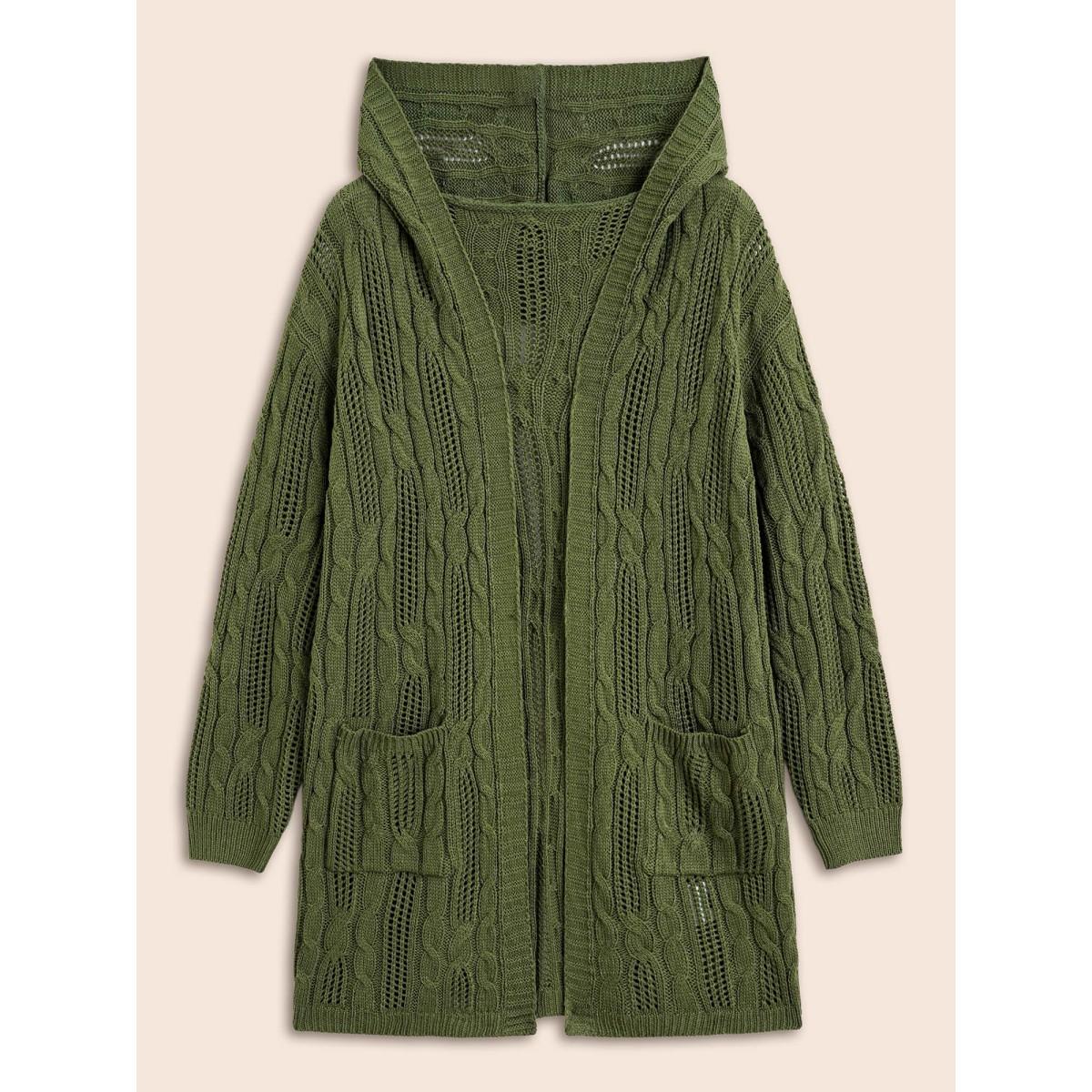 Plus Size Hooded Cable Knit Open Front Cardigan ArmyGreen Women Casual Loose Long Sleeve Everyday Cardigans BloomChic 18-20/2X Product Image