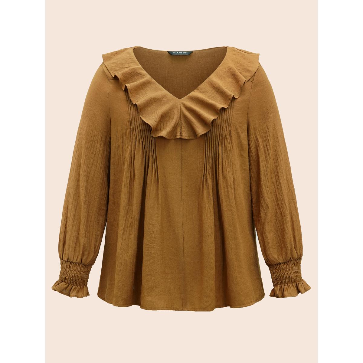 Plus Size Yellowishbrown Solid Texture Pleated Ruffle Trim Blouse Women Romantic Long Sleeve Deep V-neck Elegant Blouses BloomChic 28/5X Product Image