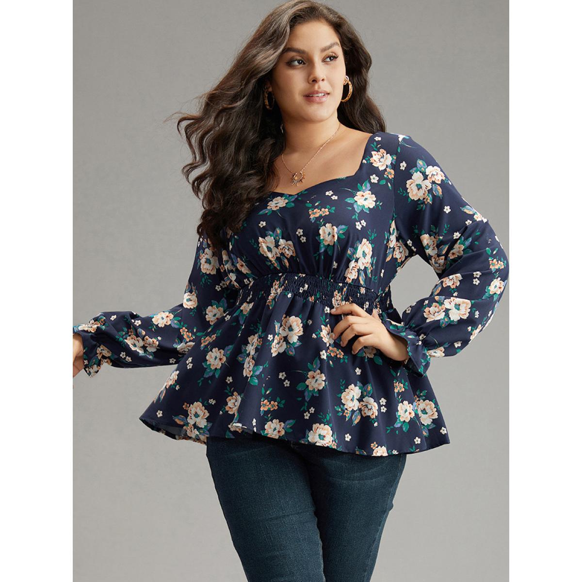 Plus Size Indigo Floral Square Neck Shirred Lantern Sleeve Blouse Women Elegant Long Sleeve Square Neck Dailywear Blouses BloomChic 28/5X Product Image
