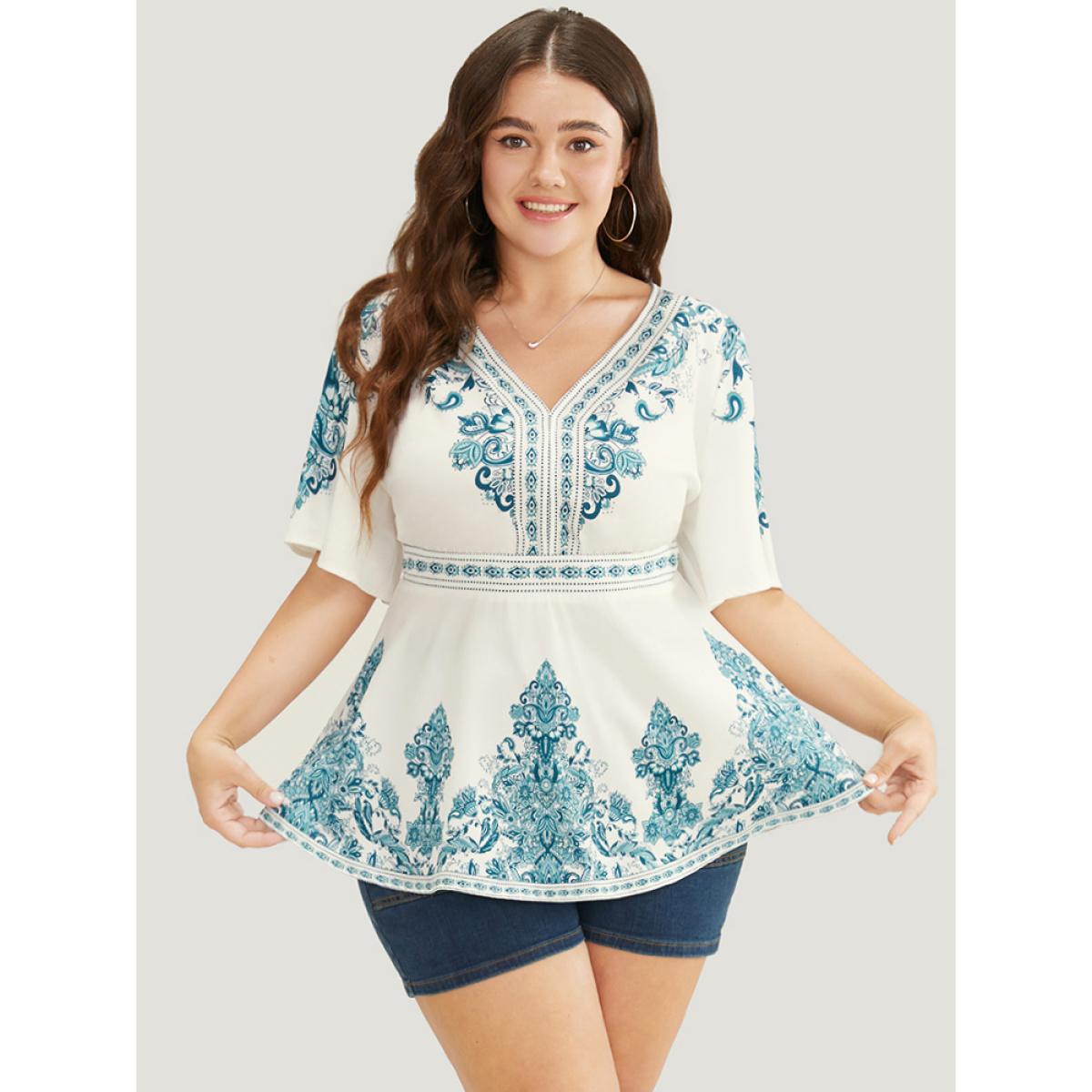 Plus Size Cerulean Bandana Print Ruffles Elastic Waist Blouse Women Vacation Short sleeve V-neck Dailywear Blouses BloomChic 22-24/3X Product Image