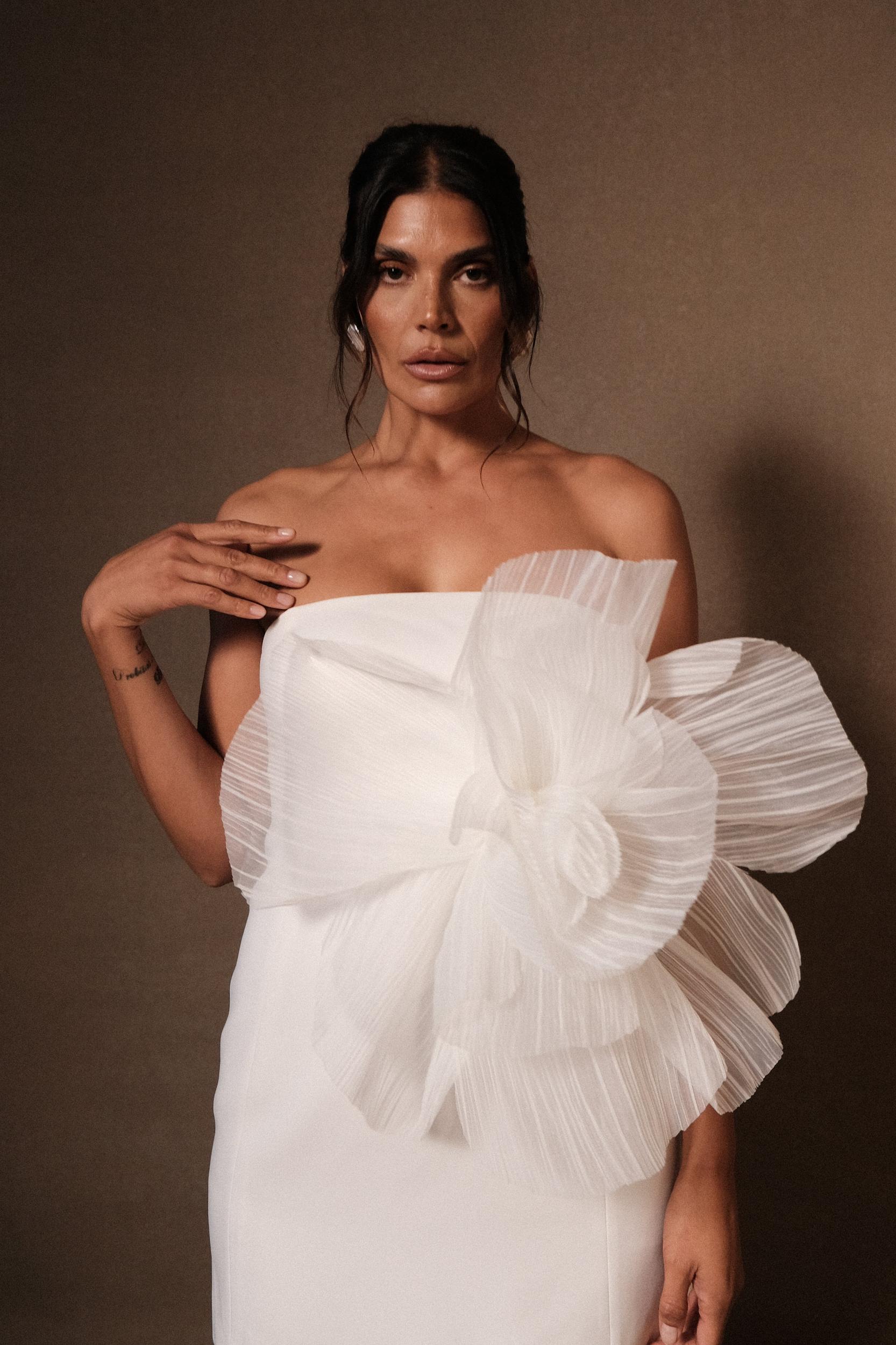 Victoria Strapless Mini Dress With Oversized Flower - White Product Image