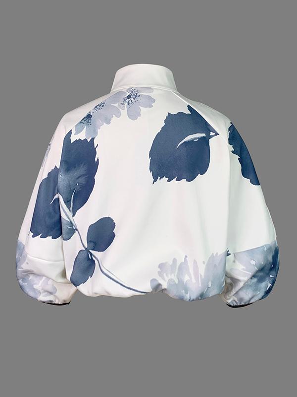 Loose Puff Sleeves Floral Printed Stand Collar Jackets Outerwear Product Image