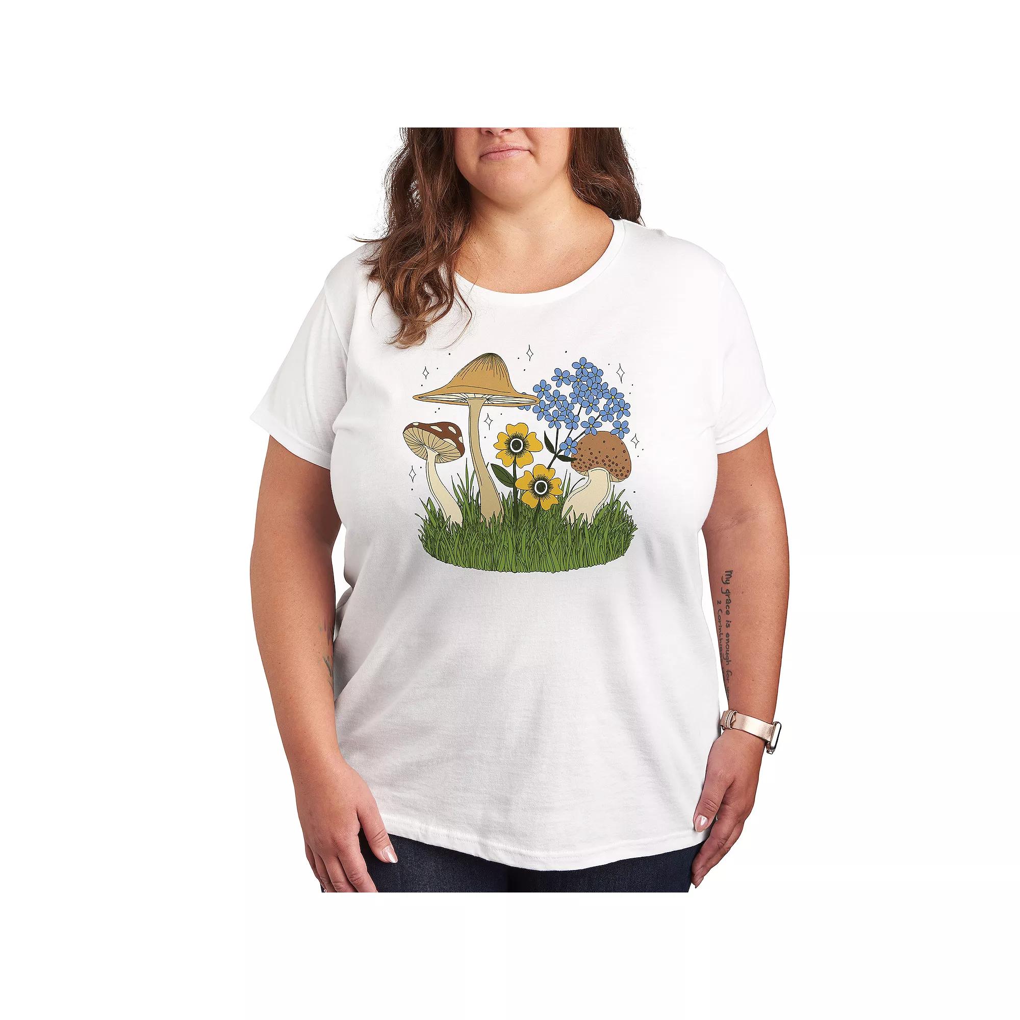 Plus Colorful Mushrooms and Flowers Graphic Tee, Women's,  Product Image