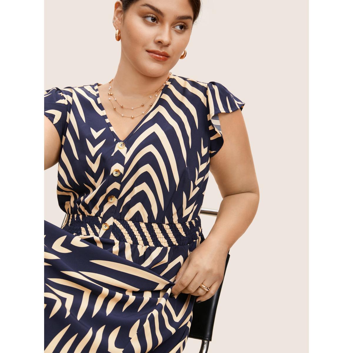 Plus Size Striped Shirred Button Detail Ruffle Cap Sleeve Dress Navy Women At the Office Button V-neck Cap Sleeve Curvy BloomChic 14-16/1X Product Image