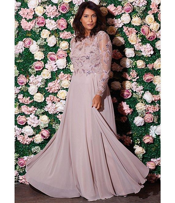 Xscape Illusion Crew Neck Long Sleeve Floral Beaded Bodice Chiffon Gown Product Image