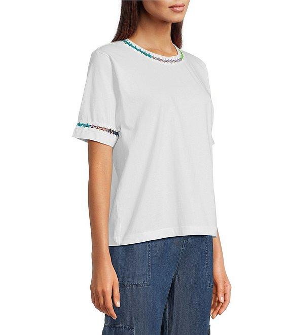 JOHNNY WAS Crochet Trim Crew Neck Short Sleeve Cotton Knit Tee Product Image