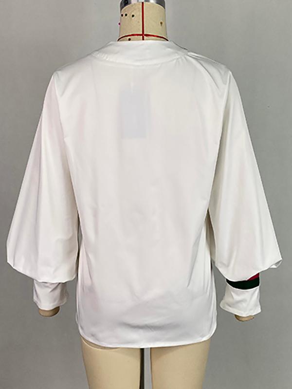 Long Sleeves Loose Contrast Color Pleated V-Neck Blouses&Shirts Tops Product Image