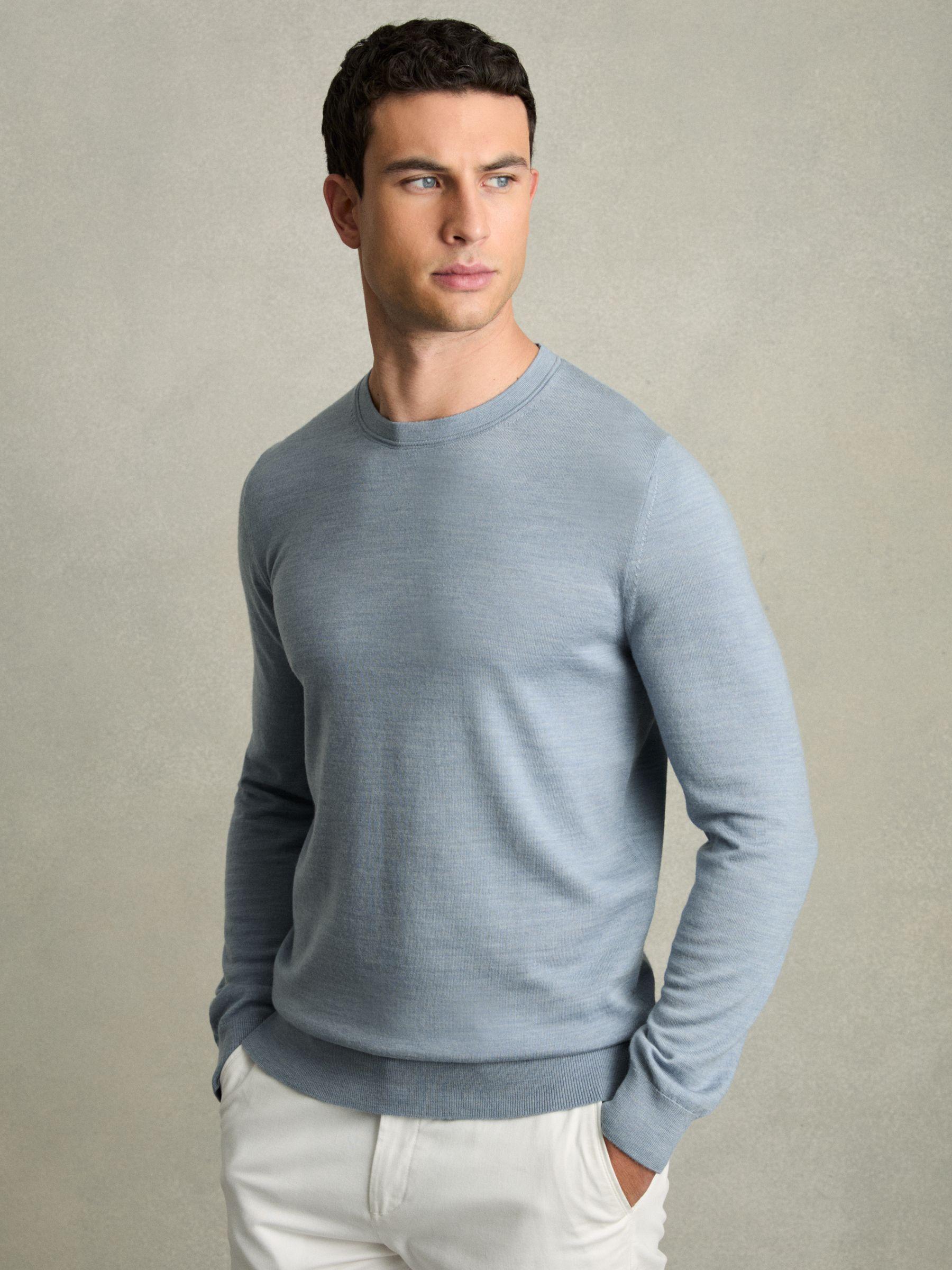 Merino Wool Crew Neck Jumper in Soft Blue Melange Product Image