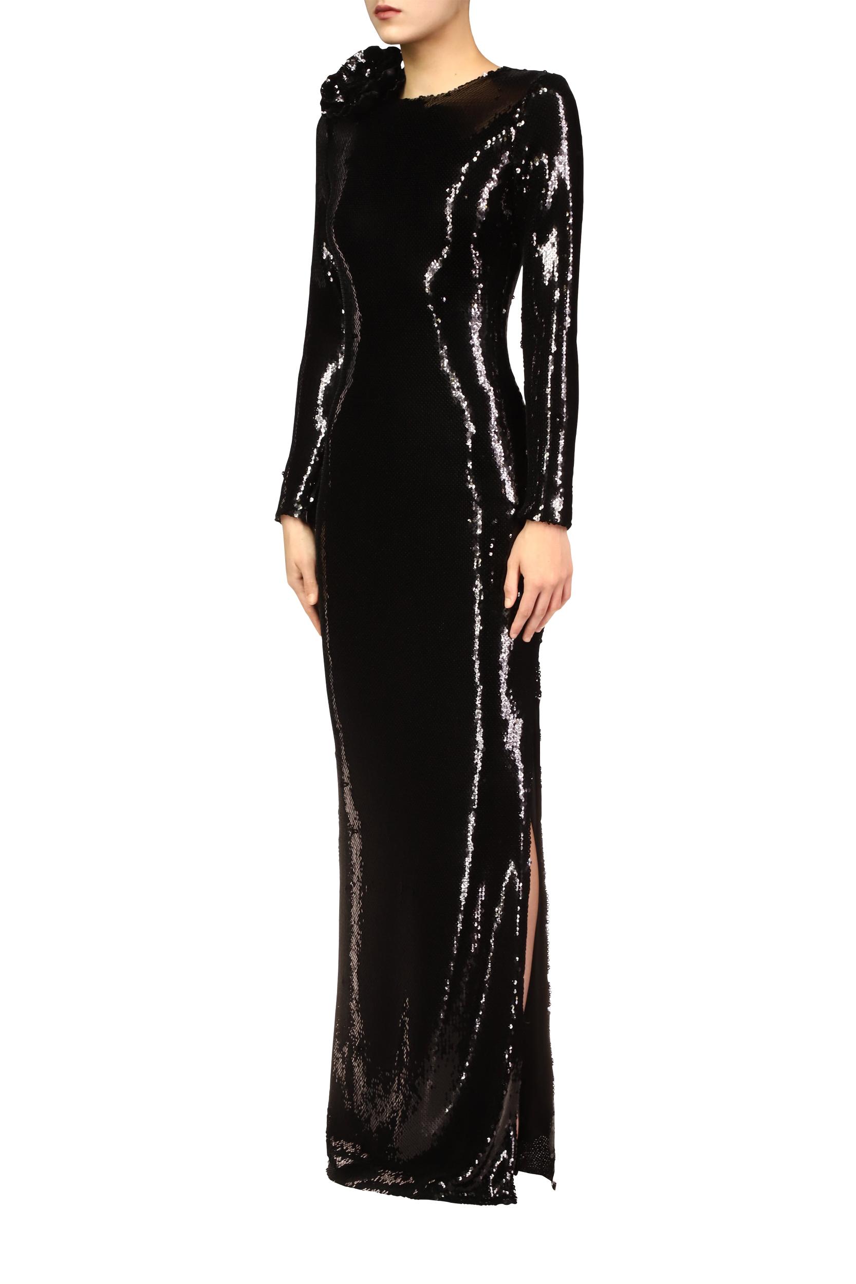 Black Sequin Gown With Flower Detail Product Image