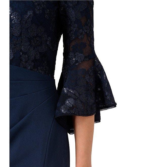 Adrianna Papell Floral Lace Boat Neck 3/4 Bell Cuff Gathered Dress Product Image