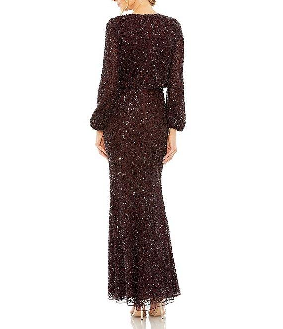 Mac Duggal Crew Neck Long Sleeve Beaded Blouson Gown Product Image