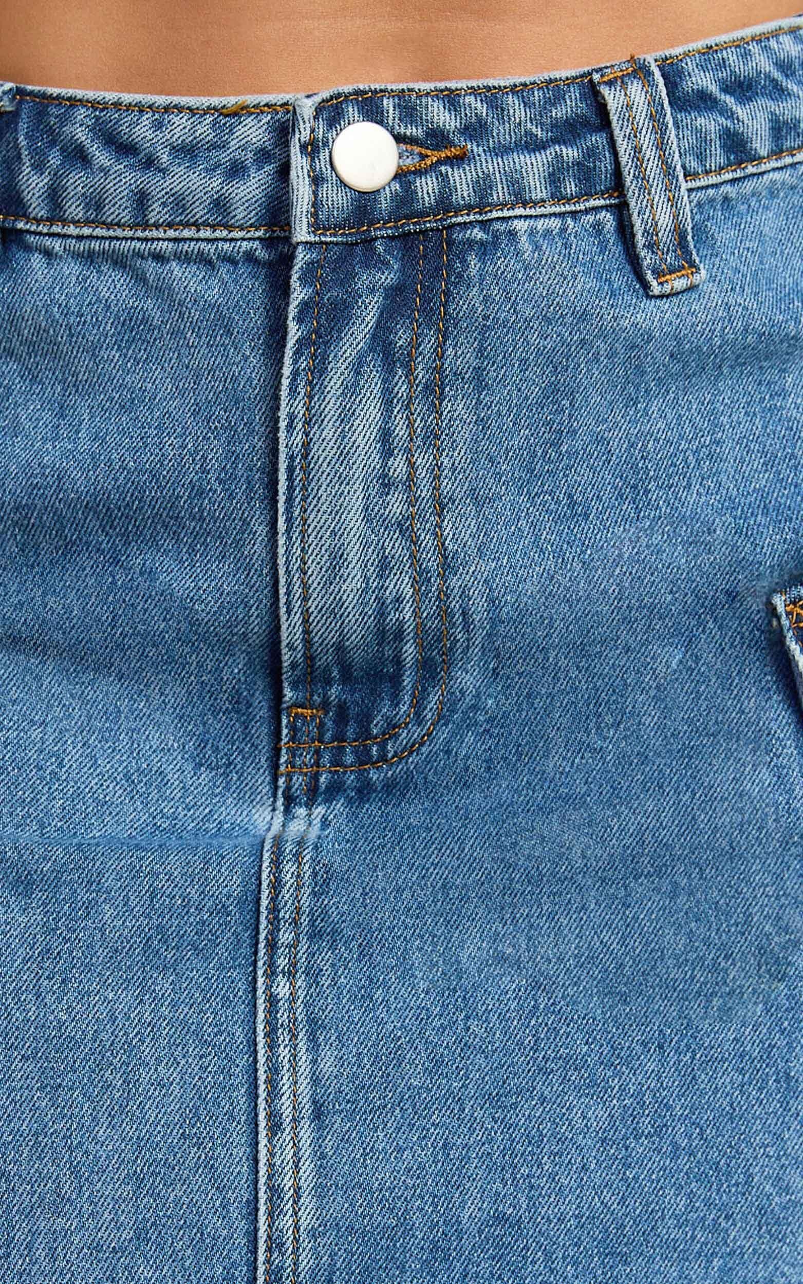 Wallace Mini Skirt - Mid Waisted Recycled Denim Utility Skirt in Mid Blue Wash Product Image