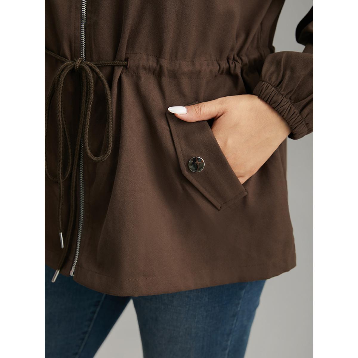 Plus Size Fuzzy Trim Patchwork Zipper Drawstring Buckle Detail Jacket Women DarkBrown Elastic cuffs Pocket Dailywear Jackets BloomChic 14-16/1X Product Image