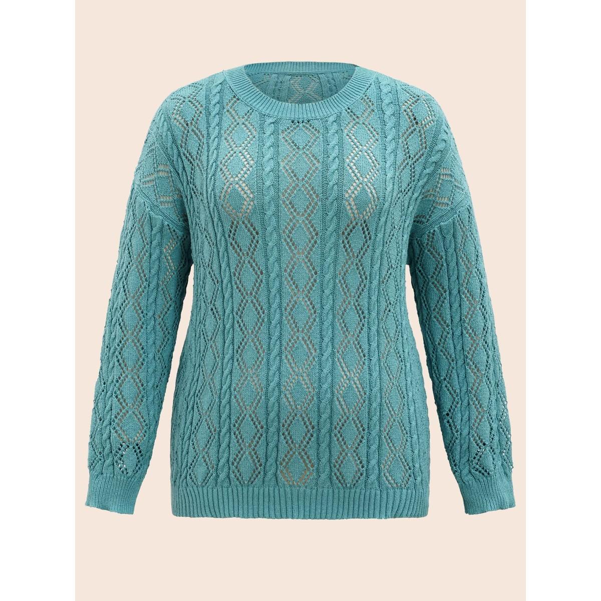 Plus Size Texture Cut Out Drop Shoulder Pullover Teal Women Casual Loose Three Quater Length Sleeve Round Neck Everyday Pullovers BloomChic 22-24/3X Product Image