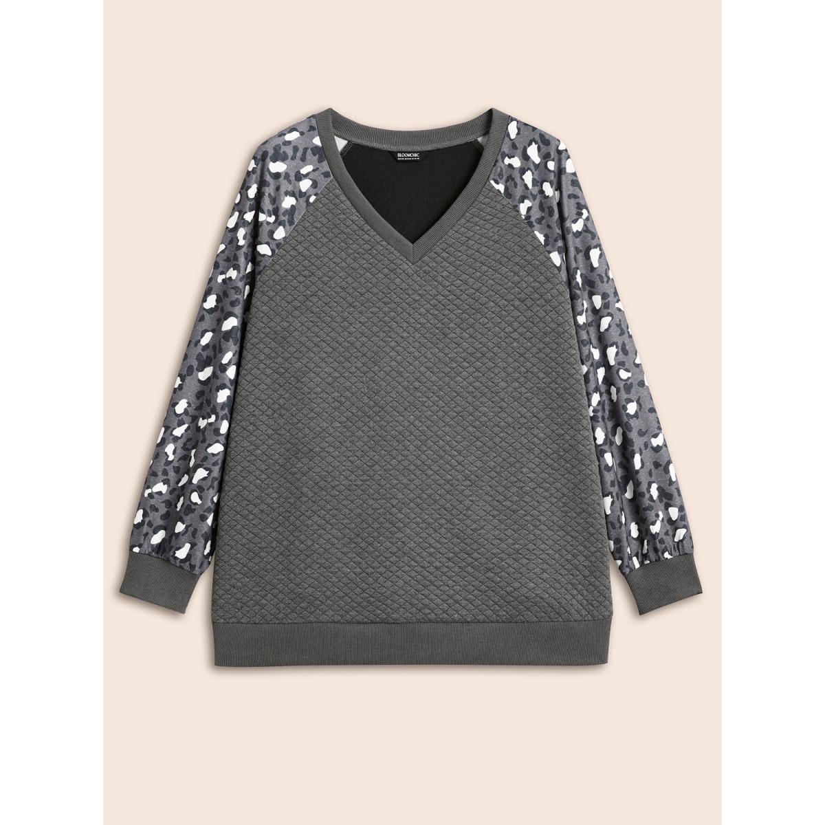 Plus Size Leopard Print Patchwork Raglan Sleeve Sweatshirt Women DimGray Casual Texture V-neck Everyday Sweatshirts BloomChic 14-16/1X Product Image